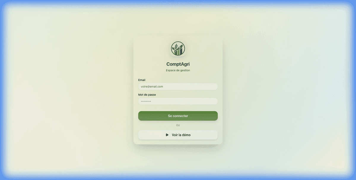 Écran de connexion de ComptAgri, sans donnée d’exploitation
